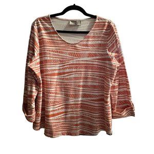 Chico’s size 2 (L) orange print 3/4 cuffed sleeve v neck top